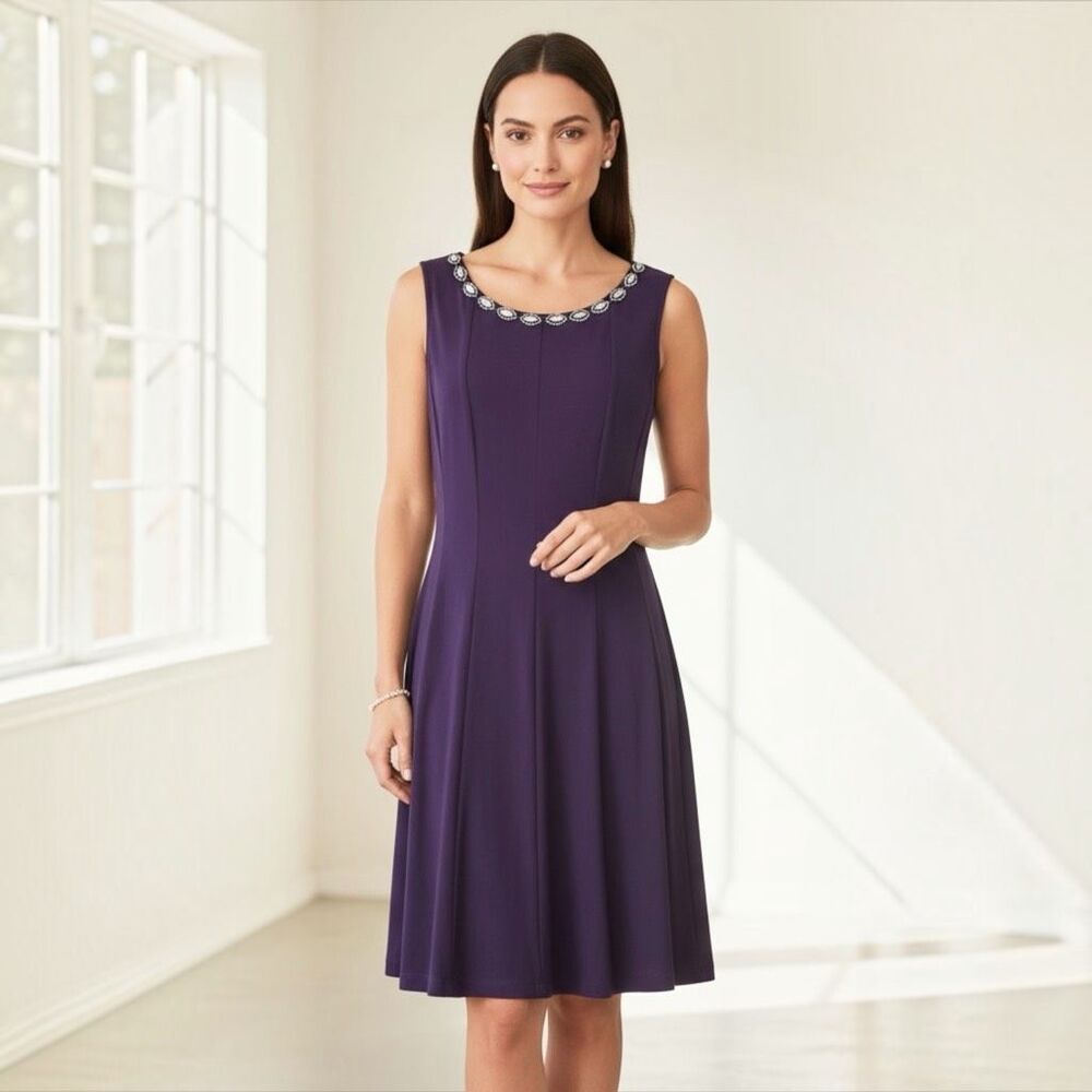 Connected Apparel Dark Purple Polyester Sleeveless Fit & Flare Cocktail Dress 10